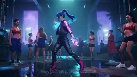 Young woman with blue hair and cybernetic interfaces dancing in a neon-lit cyberpunk nightclub with beach party elements.