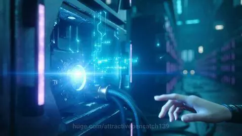 Hooded figure in a dark, neon-lit server hall, interacting with a glowing blue interface.