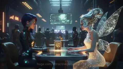 Futuristic VR club scene with avatars, holograms, a heroine, and a glowing fairy exchanging a digital chip.