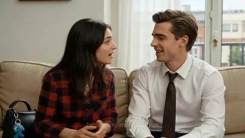 A woman and a man sitting on a couch, engaged in a conversation about phone brands, with the woman gesturing.