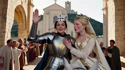 Knight in armor and bride in wedding dress on horseback, waving to cheering crowd after lesbian wedding.