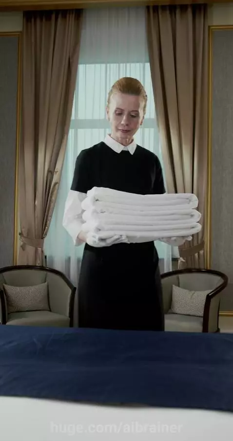 Hotel maid in uniform placing neatly folded white towels on a hotel bed.