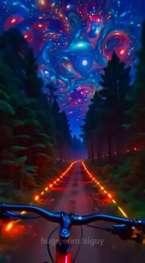 First-person view of a bicycle on a dark path lit by glowing orange lights, with a vibrant, colorful nebula in the night sky above.