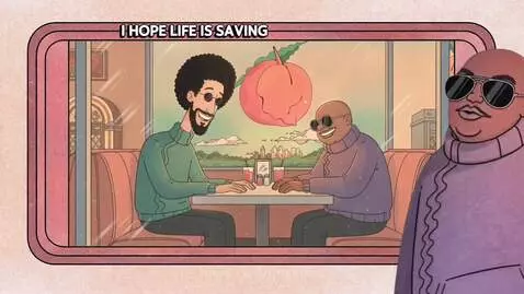 Animated music video featuring CeeLo Green and Danger Mouse with giant peach symbols in Atlanta.