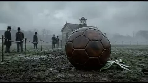 Extreme close-up of an old, dark brown leather football in a muddy, frost-covered field. Historical figures in the background.