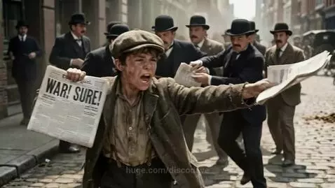 Young newsboy in cap and suspenders shouting 'Extra! Extra!' holding a newspaper with 'WAR!' headline on a cobblestone street.