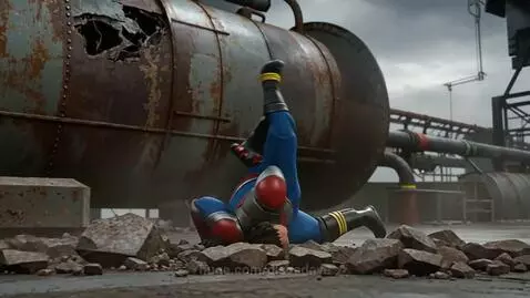 Superhero in blue, red, and silver armor lands forcefully, scattering debris, then delivers advice.