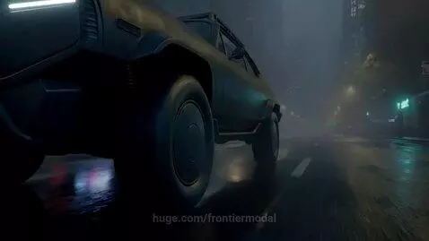 Futuristic car driving on a wet city street at night with cool jazz music.
