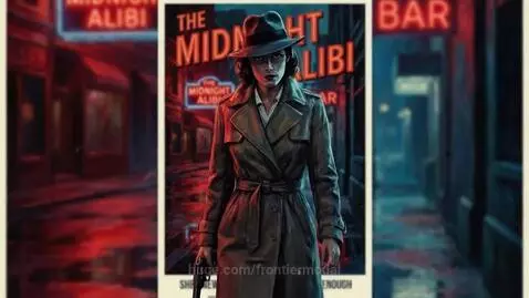 Film noir poster for 'The Midnight Alibi' featuring a woman in a trench coat and fedora holding a pistol on a wet city street.