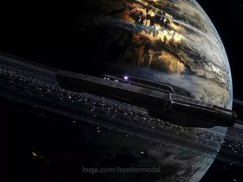Dark futuristic spaceship flying through glowing planet rings with distant stars and a golden sunrise.
