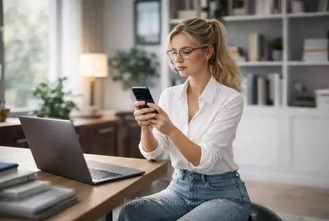 Young blonde woman in white shirt and ripped jeans working on laptop and phone at a wooden desk on an exercise ball in a home office.