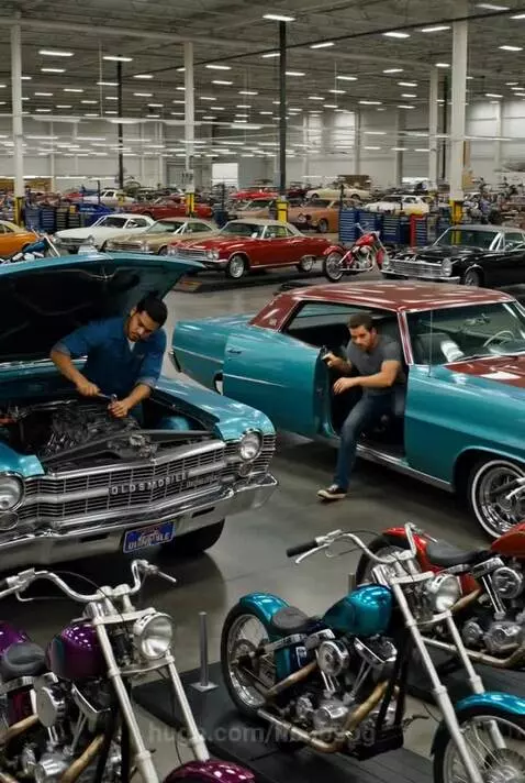 Man in blue shirt working on vintage Oldsmobile engine in a garage with classic cars and motorcycles.