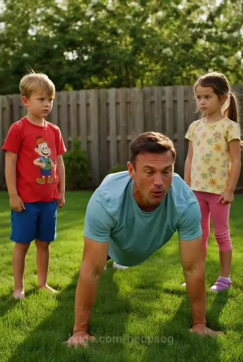 Father doing push-ups on a lawn while his two children watch and cheer him on.