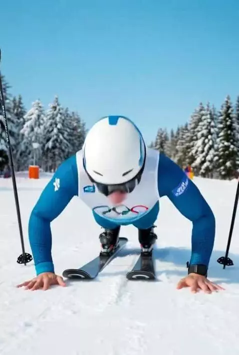 Male skier in Olympic-style suit performing a push-up on skis before descending a snowy mountain slope.