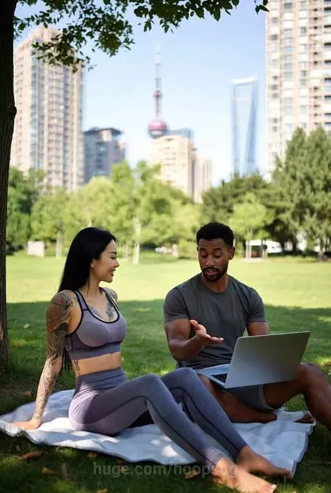 Man performing a duck walk exercise on grass in a park with a woman sitting nearby and city skyline in background.