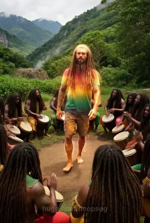 Men with dreadlocks playing djembe drums in a circle, one performs a push-up in the center.