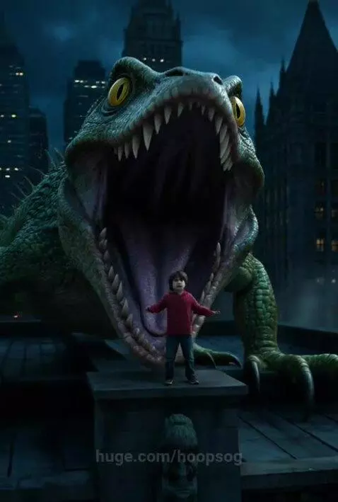 Superhero in dark suit performing push-ups after rescuing a boy from a reptilian creature at night.