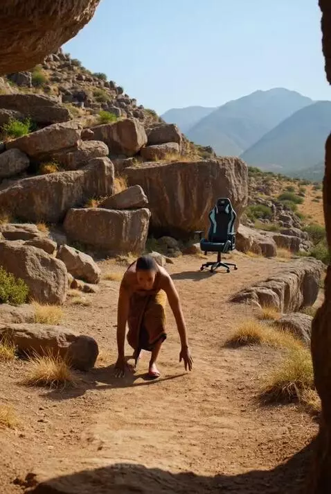 Woman in traditional dress doing push-ups outdoors, then coding in a gaming chair in a cave-like room.