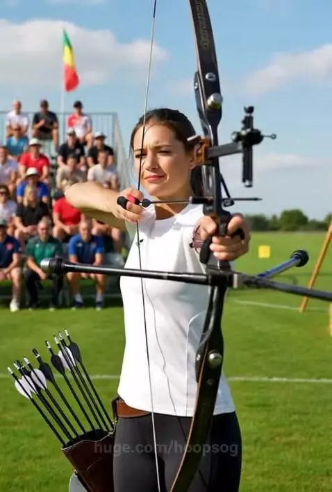 Woman in athletic wear aiming a bow and arrow at an outdoor archery range, then doing push-ups.