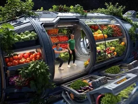 Futuristic space station interior with astronauts exercising among shelves of fresh fruits and vegetables.