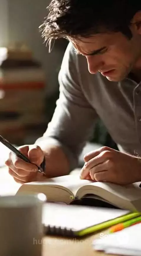 Man working late, stressed, then transforming into a successful, content entrepreneur in a bright office.