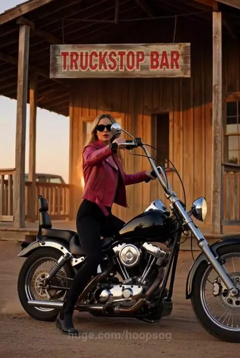 Woman in pink leather jacket riding a Harley motorcycle on a dusty desert road at sunset, posing by a truck stop.
