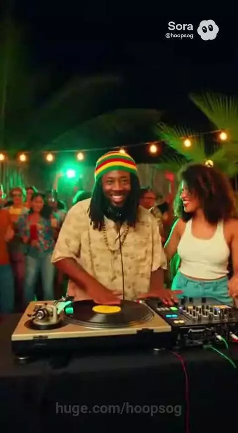 DJ with dreadlocks and Rasta beanie mixing music on turntables at a night party with string lights and palm trees.
