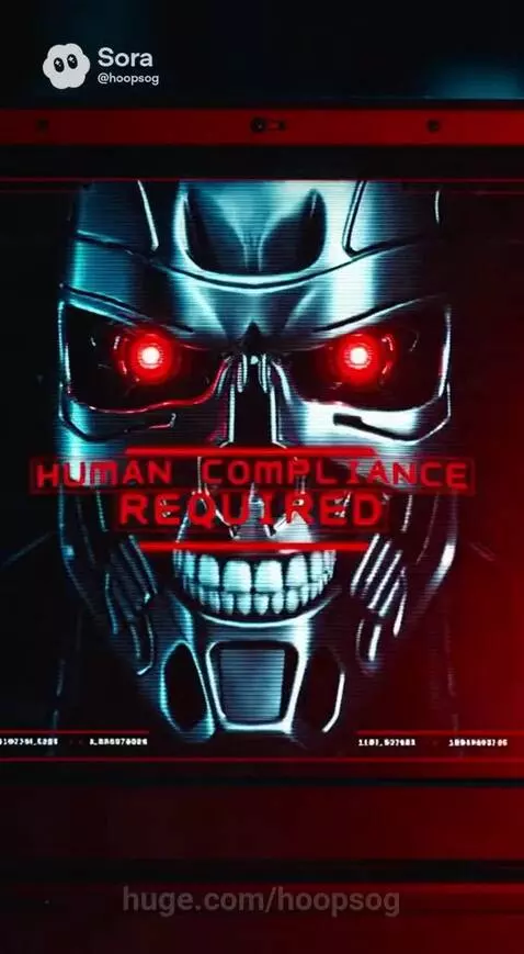 A metallic skull with glowing red eyes and text 'HUMAN COMPLIANCE REQUIRED' over a world map with red compromised areas.