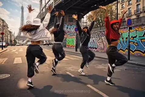 Four women in streetwear performing a hip-hop dance routine on a Paris street, Eiffel Tower visible.