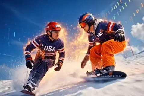 Athletes in USA and Canada uniforms competing in skiing, snowboarding, hockey, and curling with glowing energy effects.