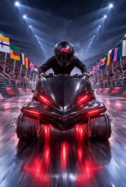 Futuristic racing vehicle with glowing red lights transforming from wheels to skis on a track.