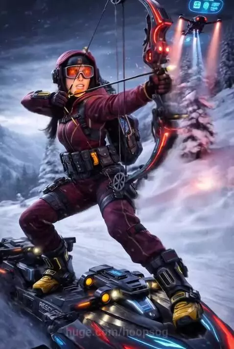 Futuristic agent on a snow-ski pursuing a metallic robot wolf in a snowy mountain landscape.