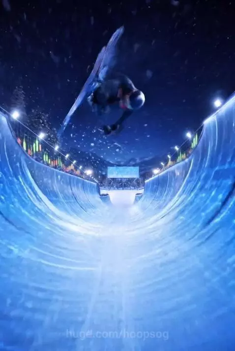 Skier and snowboarder performing tricks on a neon-lit half-pipe at night with snowy mountains in the background.