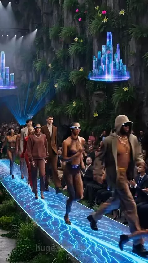 Models walk down a glowing blue runway in a lush underground cave, with holographic projections in the background.