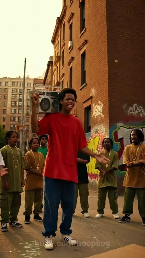 Young boy breakdancing on his head with a boombox and cheering friends on a city street.