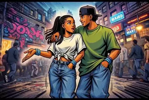 Animated couple in a city discussing Bitcoin investment opportunity.