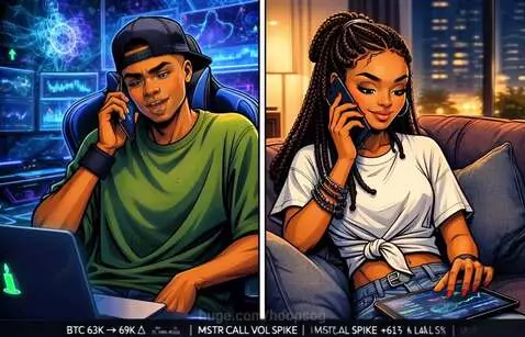 Split screen of two young people excitedly discussing crypto market gains on their phones and laptops.