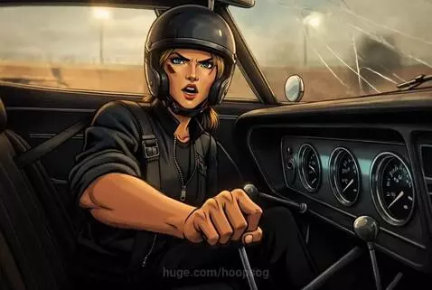 Animated woman in racing gear driving a classic car through a chaotic demolition derby with financial news overlays.