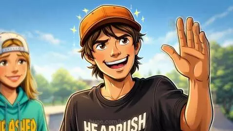 Two animated teenagers with skateboards at a sunny outdoor skatepark discussing burgers and the economy.