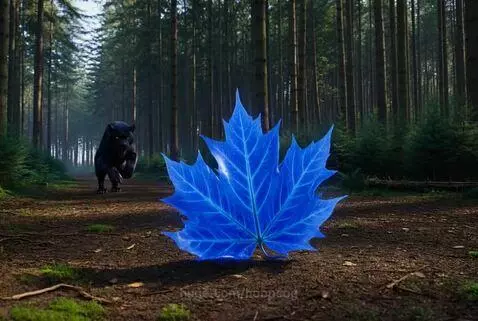 Black panther with yellow eyes pounces on a glowing blue maple leaf in a forest, causing it to shatter.