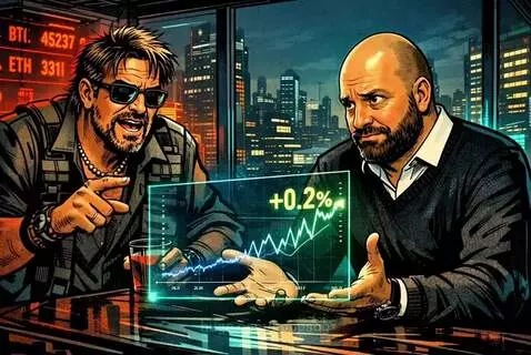 Two men in a modern office looking at a holographic stock market graph showing positive growth.
