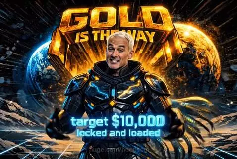 Man in futuristic blue and gold armor with cosmic background, promoting gold investment with text 'GOLD IS THE WAY'.