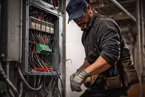 Electrician in safety gear doing push-ups on the floor next to an open electrical panel.