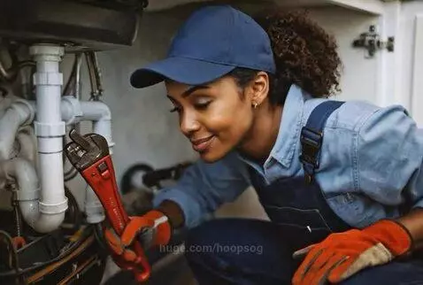 Woman in blue cap, overalls, and orange gloves working on kitchen sink pipes with a red wrench.