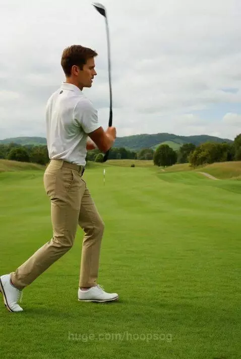 Golfer performing push-ups over a golf ball on a green course after a swing.