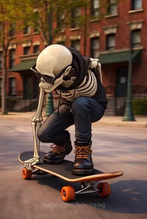Cartoon skeleton wearing sunglasses and hoodie skateboarding, performing a kickflip.