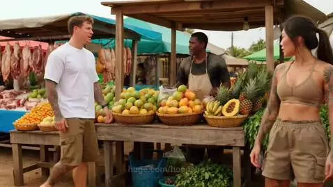 Woman in sports bra and shorts performing squats in front of a fruit stall at an outdoor market.