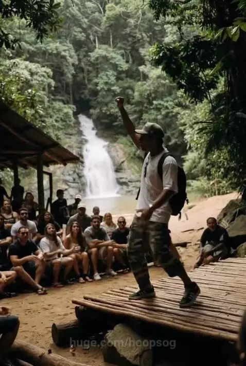 Man performing push-ups in a jungle with a waterfall and clapping audience.