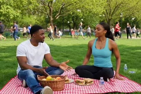 Couple having a picnic in a sunny park, woman doing squats on a checkered blanket.