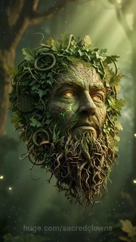 Hyper-realistic 3D render of the Green Man, a forest spirit with a face made of bark, moss, and leaves, glowing amber eyes.